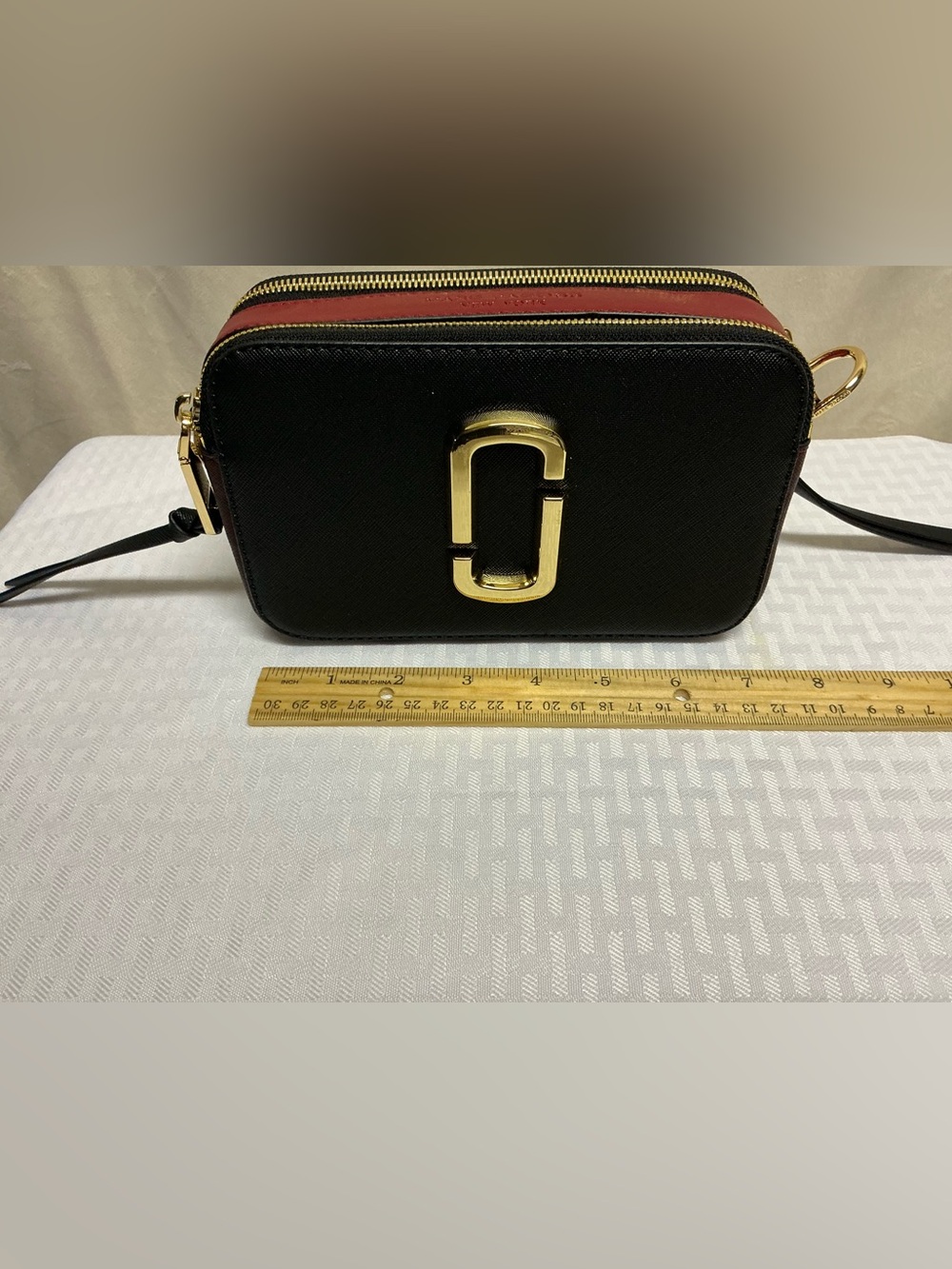 Black and Red Women’s Crossbody Camera Bag with Gold Hardware